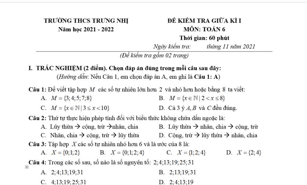 Toán 6: Đề kiểm tra giữa học kì 1. Trường THCS Trưng Nhị năm học 2021-2022
